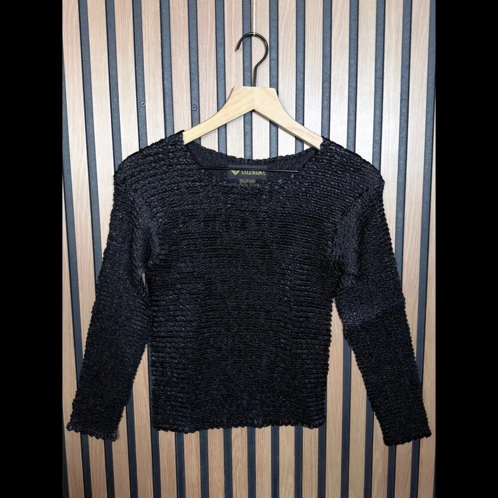 Valentina Top OS Womens Black Luxury Basket Weave Long Sleeve Fitted